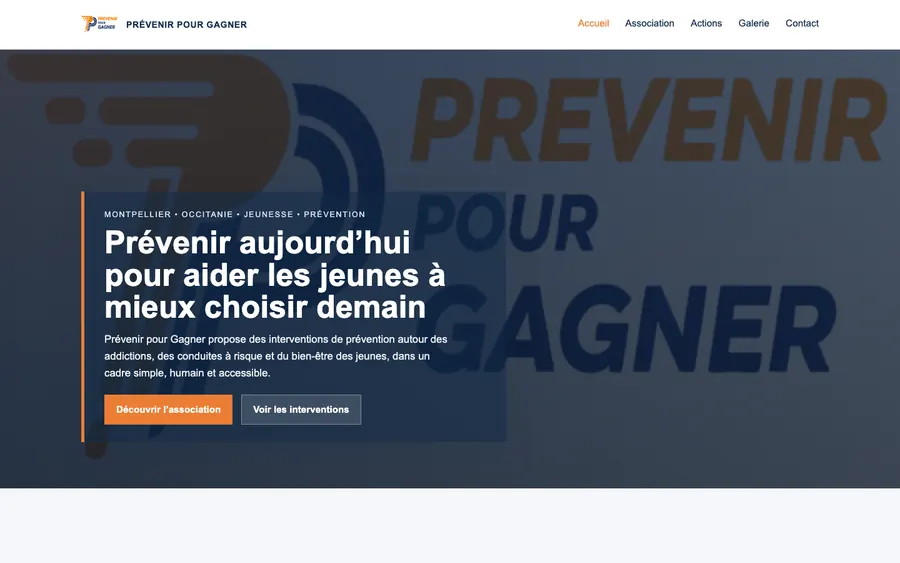 Page d’accueil du site Prévenir Pour Gagner, sur ordinateur